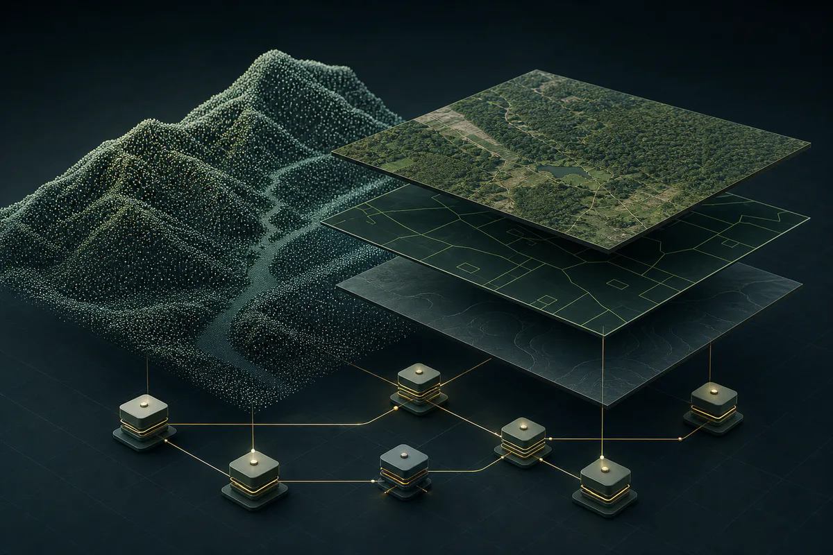 Modelo de terreno, camadas geográficas e nós de dados espaciais