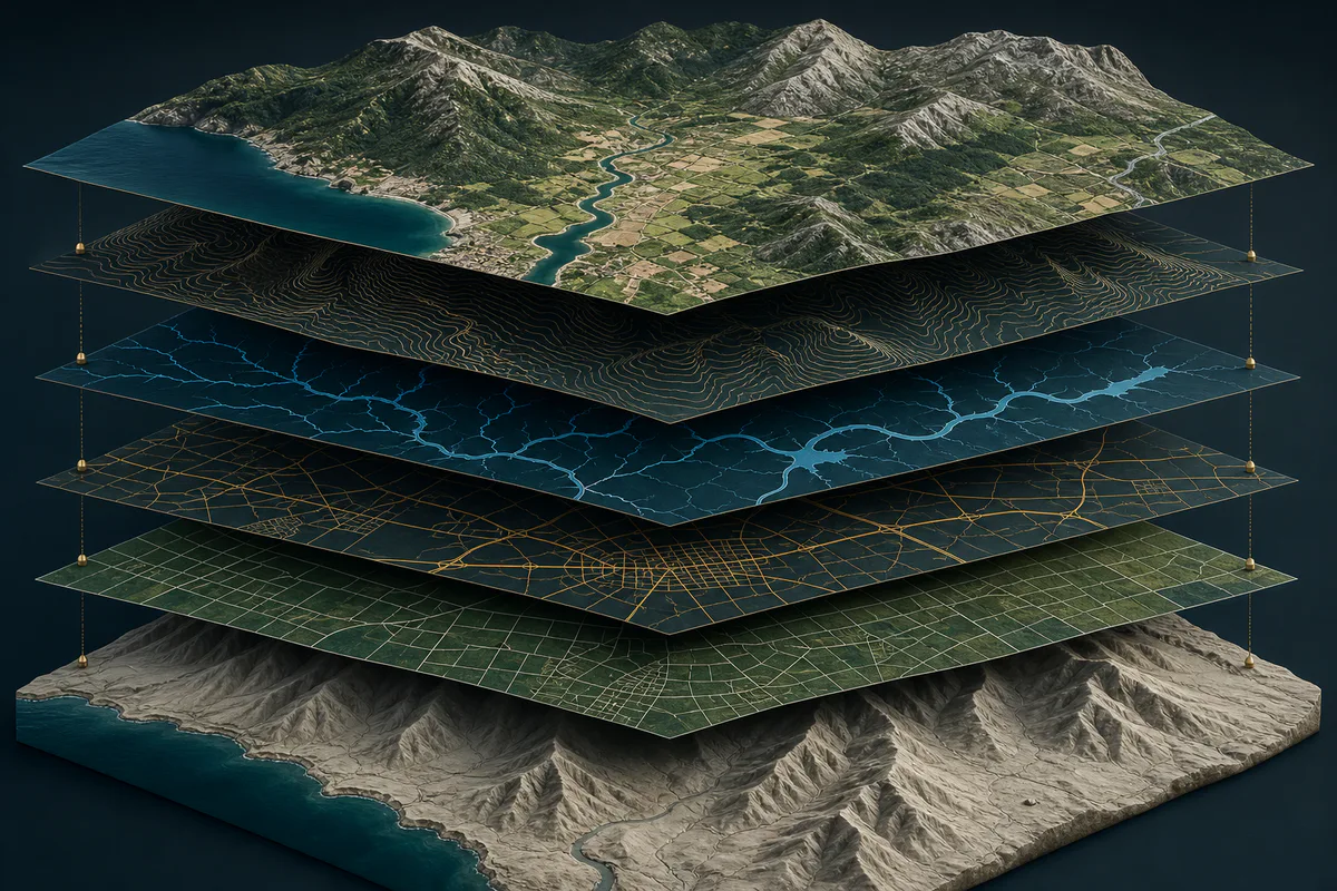 Camadas cartográficas de relevo, hidrografia, vias e parcelas