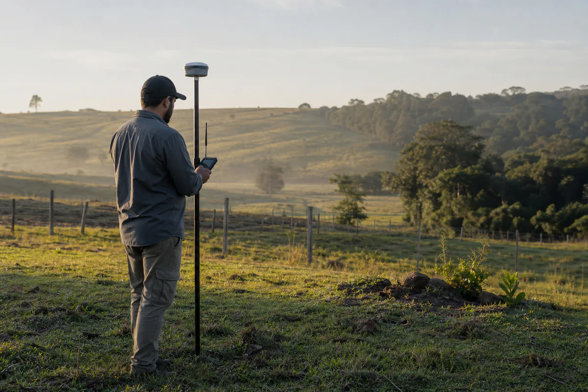 Profissional realizando levantamento rural com receptor GNSS RTK